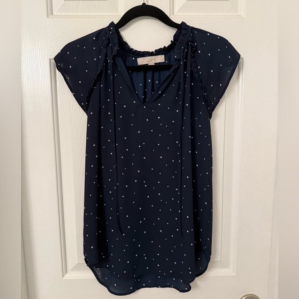 LOFT Navy Blue with White Stars Cap Sleeve Relaxed Blouse